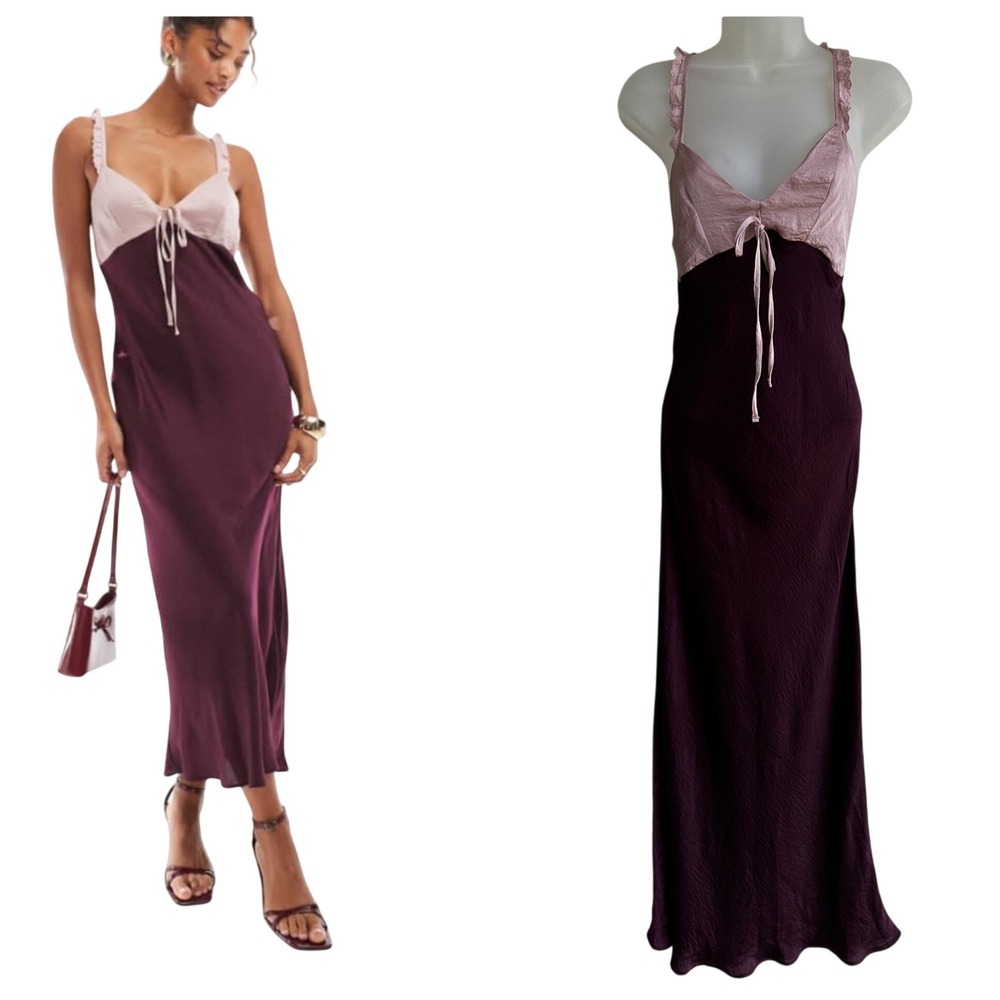 ASOS Pink Plum Lingerie Slip Ruffle Strap Tie Front Maxi Dress Size 0 Coquette